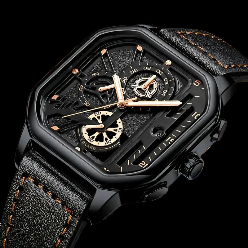 Luxury black watch with gold accents on a black background