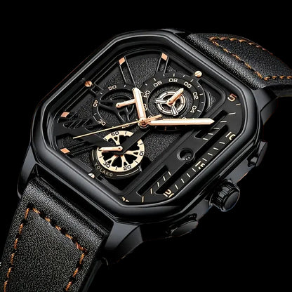Luxury black watch with gold accents on a black background